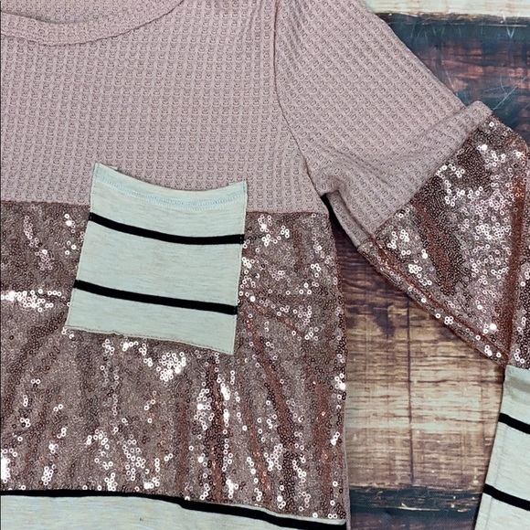 << Pink Sequin Sparkly Long Sleeve Striped Shirt > - Picture 3 of 5